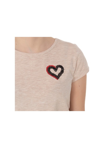 Toontoy Kids Toontoy Kız Çocuk T-shirt Kalp Nakışlı Bej