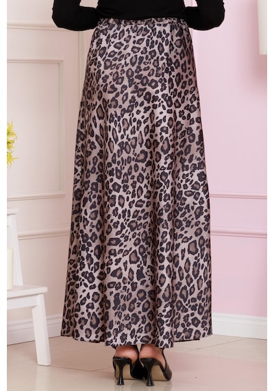 Sevitli Beli Bağcıklı Leopar Desenli Etek-vizon-4713 Vizon