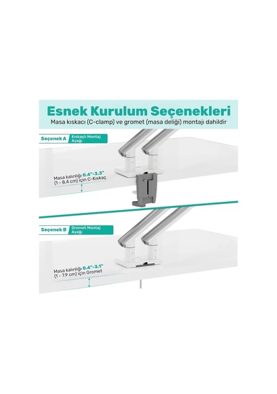 Std49024w Elysium 17-32 Çift Monitör Kolu, Ultra İnce Alüminyum Amortisörlü Stand, 2x9kg Vesa Tutucu, Beyaz