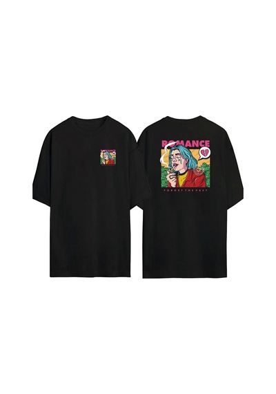 Thewert Unisex Romance For Get The Past Ön Arka Baskılı Sıyah Oversize T-shirt Siyah