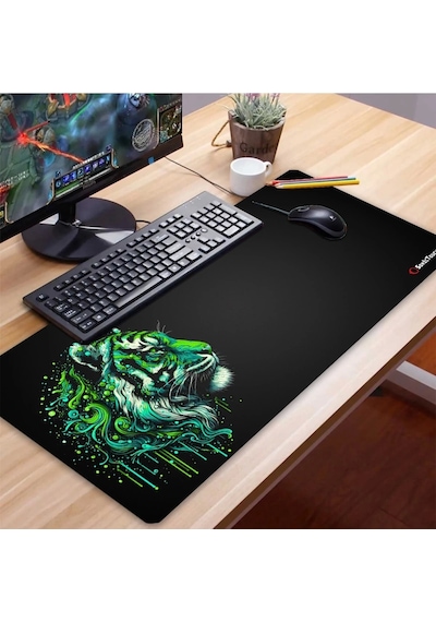 Sonictouch Ultragrand Siyah Ve Neon Yeşili Kaplan Dikişsiz Xxl Gaming Oyuncu Masaüstü Klavye Mouse Pad 40x90cm