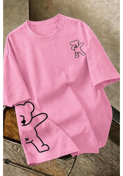 Ayıcık Baskılı Unisex Oversize Sokak Stili T-shirt Pembe