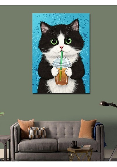 Kanvas Tablo Limonata İçen Şirin Kedi 50cmx70cm