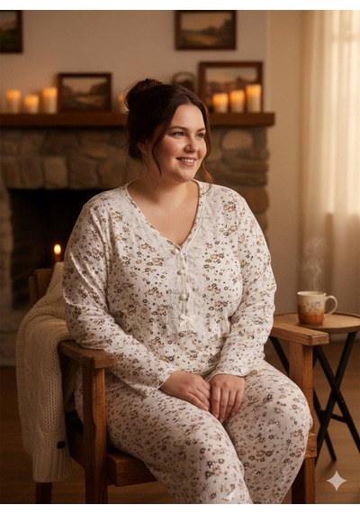 İnspira Büyük Beden Battal Pijama Takımı Desenli Uzun Kol Kışlık Kumaş Pamuklu Ekru