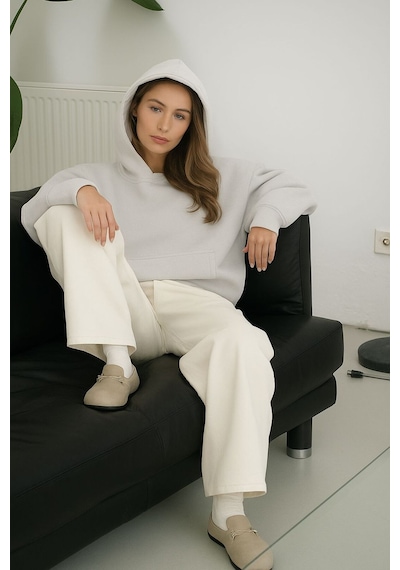 Benroma Düz Ünisex Oversize Kapüşonlu Sweatshırt Gri