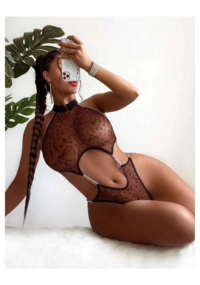 Dmrtart Kadın Leopar Desen Zincirli Kahverengi Babydoll