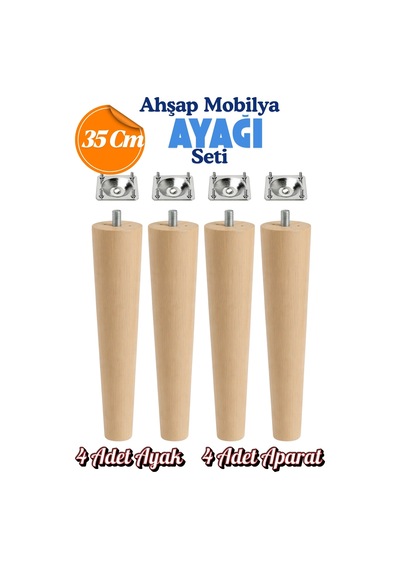 4'lü Set Ahşap Dolap Mobilya Koltuk Kanepe Ayağı Ayakları M8 35 Cm Bağlantı Aparatlı Kahverengi Kahverengi