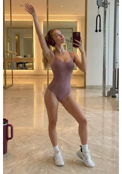 Kadın Askılı Poliamid Günlük Uzun Gül Kurusu Body