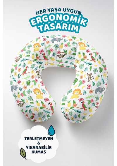 Tropikal Hayvan Figürlü Boyun Yastığı - Renkli Çizgili Desen Çocuk & Yetişkin Seyahat Yastığı Pastel Taş Krem Bej