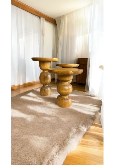 Simillo Wood Wooden Ahşap 3 Lü Set Mantar Yan Sehpa Modern Renk Fiskos Koyu Ceviz