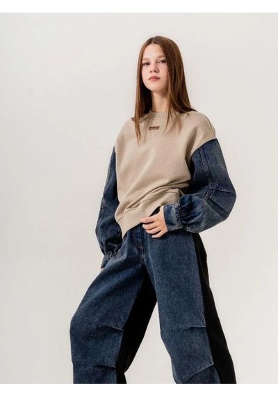 Kız Çocuk Mevsimlik Denim Kol 3 İplik Sweatshirt-14774 Kahverengi