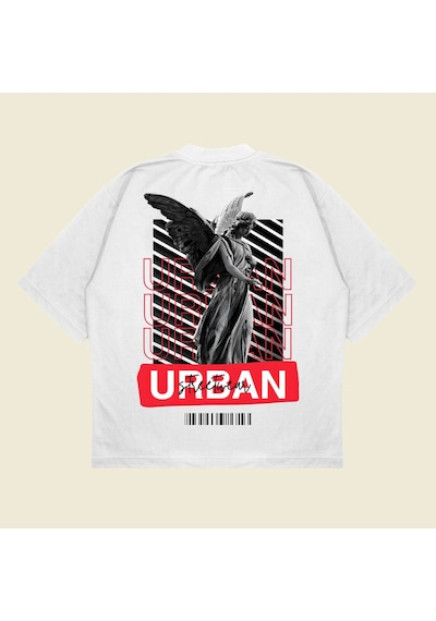 Tarzsokak Urban Baskılı Oversize Unisex Pamuklu Nefes Alan Kalın Kumaşlı Beyaz