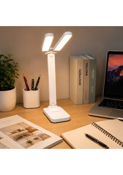 Katlanabilir Çift Başlıklı Led Masa Lambası 3 Işık Modlu, Dokunmatik, Telefon Standlı, Ayarlanabilir Çalışma Ve Okuma Lambası, Beyaz
