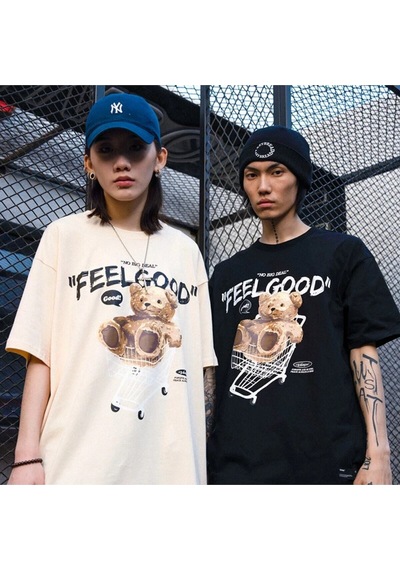 Flood Of Style Siyah Feel Good Ayı Baskılı Oversize Bisiklet Yaka Erkek Tişört