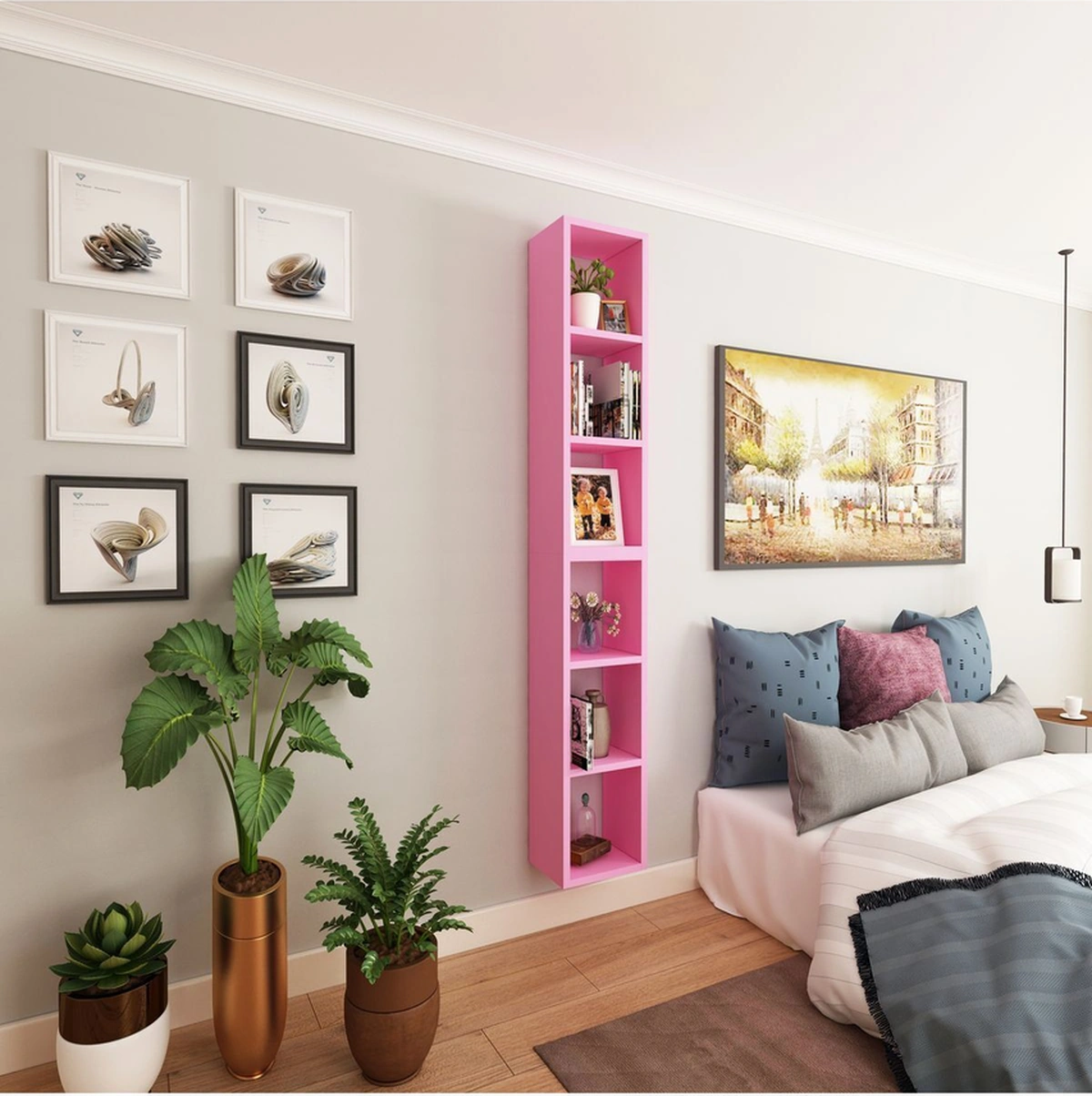 Kitaplık Dikey Duvar Rafı İkili Birleşik Mobilya Takım Pembe Pembe