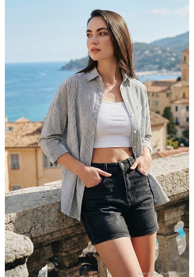 Lela Regular Fit Uzun Kollu Cepli Çizgili Bayan Gömlek 6772895 Siyah