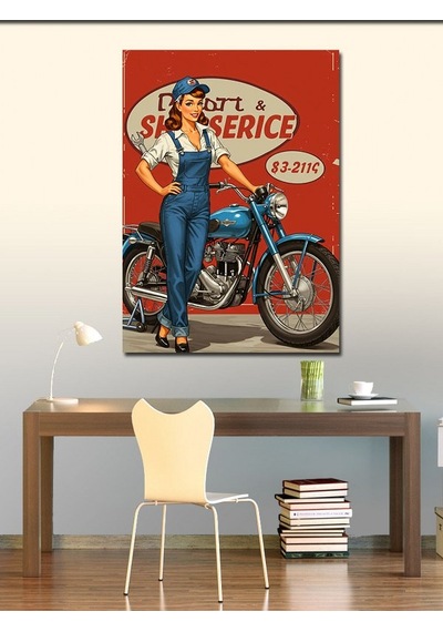Kanvas Tablo Retro Tamirci Kadın Ve Motosiklet 50cmx70cm