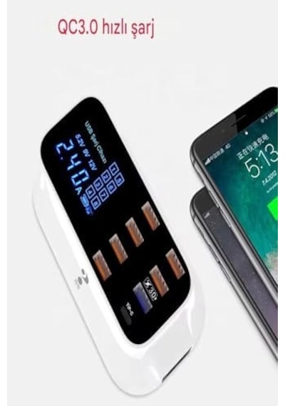 Doolike 8 Port Usb Hızlı Şarj İstasyonu Qc 3.0 + Type-c Amper Led Göstergeli Akım Koruma 1.5m Kablo Beyaz