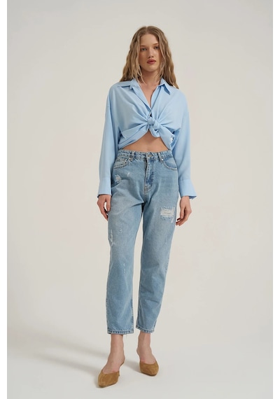 Yırtık Detaylı Denim Pantolon Buz Mavi Mavi