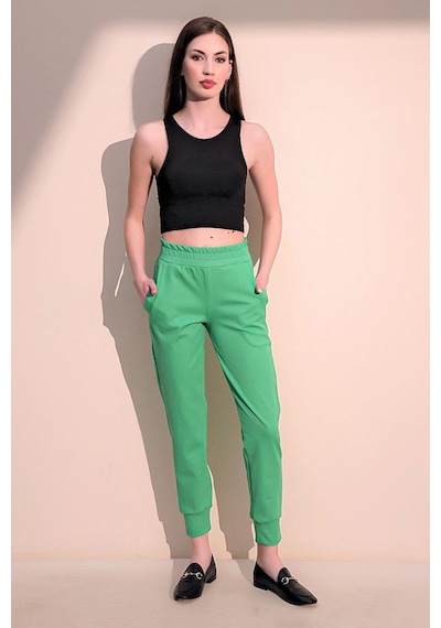 Kadın Yeşil Rahat Dokulu Kumaş Cepli Beli Lastikli Paça Jogger Spor Pantolon Yeşil