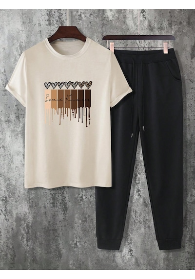 Uyguntarz Unisex Leopar Kalp Baskılı Eşofman Takımı Bej