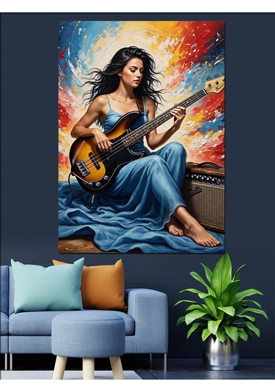 Ahşap Tablo Gitar Çalan Kadın Müzisyen