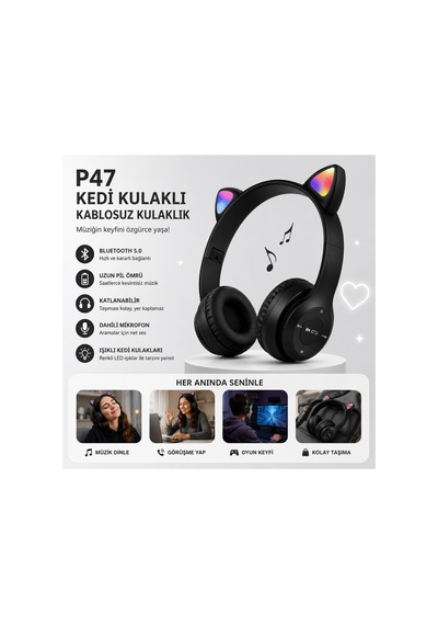 P47m Kedi Kulaklı Bluetooth Kulaklık Rgb Led Işıklı Kablosuz Kulaküstü Şarjlı Kulaklık Hafıza Kartı Ve Aux Girişli Mikrofonlu Kulaklık