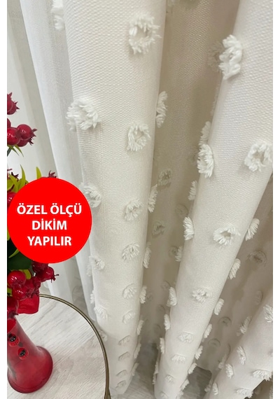 Fon Perde Ekru Kırık Beyaz Krem Pufy Püsküllü, Ponponlu, Saçaklı Pano Fon Sık Pileli Keten Ekru
