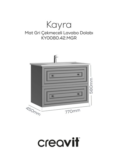 Creavit Kayra Lavabo Dolabı Çekmeceli 80cm Mat Gri Mat Gri Creavit Kayra Lavabo Dolabı Çekmeceli 80cm Mat Gri Mat Gri