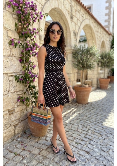 Lela Puantiyeli Bisiklet Yaka Mini Elbise Kadın Elbise 5867158 Siyah