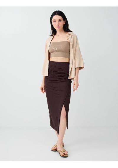Jimmy Key Jimmy Key Acı Kahve Yırtmaç Detaylı Drapeli Midi Örme Etek 6sw077422803 Acı Kahverengi