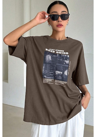 Unisex Keepgoing Baskılı Tasarım Tshirt Kahverengi