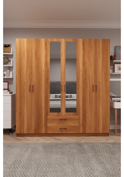 Asra Trend 6 Kapaklı Gardırop G-05 %100 MDF 2 Çekmeceli Aynalı Elbise Dolabı Petra