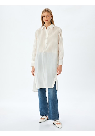 Koton Çizgili Gömlek Yaka Uzun Kollu Oversize Midi Tunik Elbise Kahverengi Çizgili 5sak80063uw 5s5 Koton Çizgili Gömlek Yaka Uzun Kollu Oversize Midi Tunik Elbise Kahverengi Çizgili 5sak80063uw 5s5