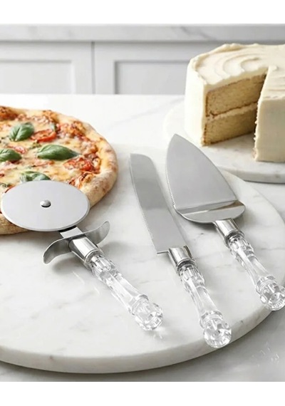 Mucit Home 3lü Kristal Görünümlü Saplı Çelik Servis Seti Pizza Kesici Kek Bıçağı Pasta Spatulası Beyaz