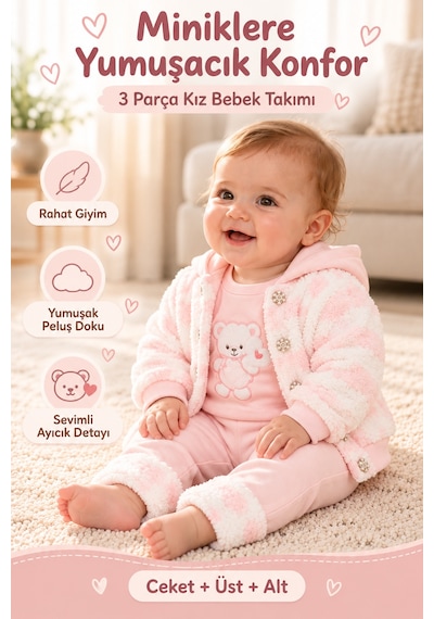 Ahengim Kız Bebek 3 Parça Takım Kapüşonlu Peluş Ceket Ayıcık Nakışlı Üst Ve Pantolon Ak2482 Pembe