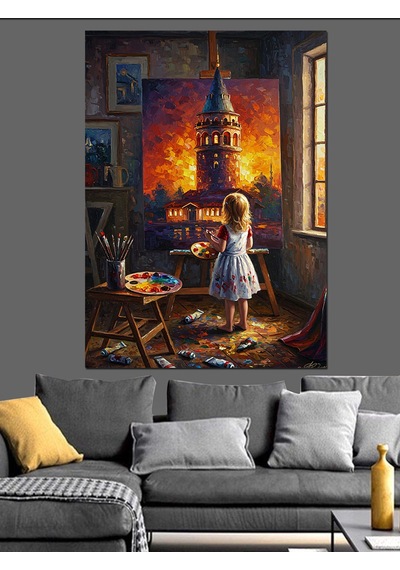 Küçük Ressam Kız Ve Galata Kulesi Dekoratif Kanvas - Mdf Ahşap Tablo