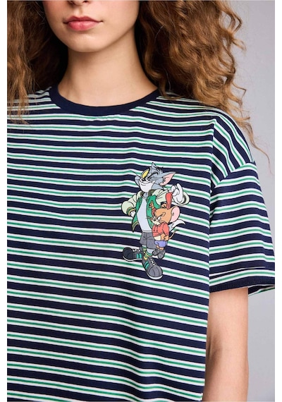Defacto Tom & Jerry Oversıze Slogan Desenli Kısa Kollu Tişört G0844ax26spnv105 Lacivert-nv105