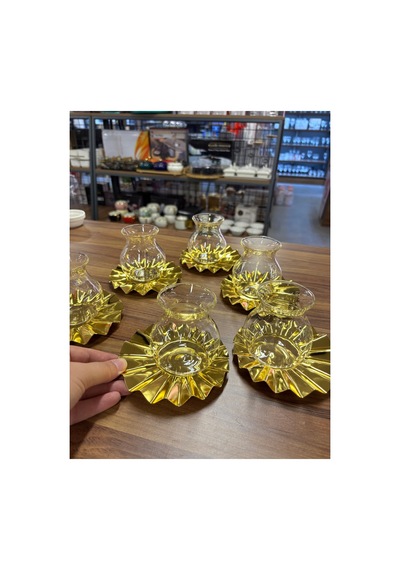 Metal Bardak Altlığı,cam Tiryaki Bardaklı Çay Seti,6 Kişilik12parça Çay Takımı,lüks,metal Çay Tabağı Gold