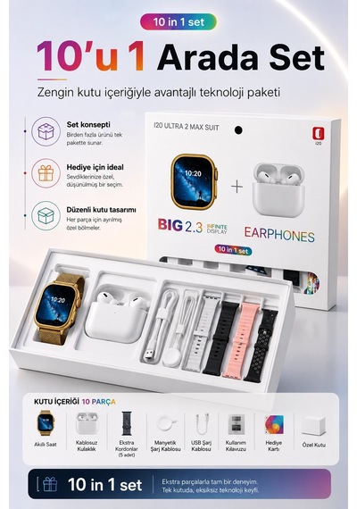 Akıllı Saat Ve Kablosuz Kulaklık Bir Arada Telefon Uyumlu Şık Hediye Seti