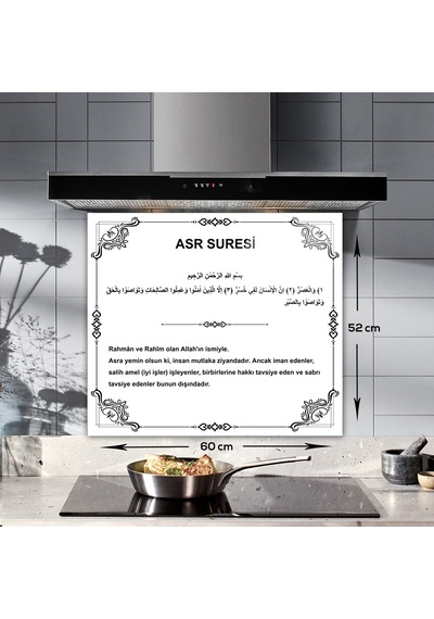 Decorita Cam Ocak Arkası Koruyucu Asr Suresi Beyaz Fon 52 CM x 60 CM