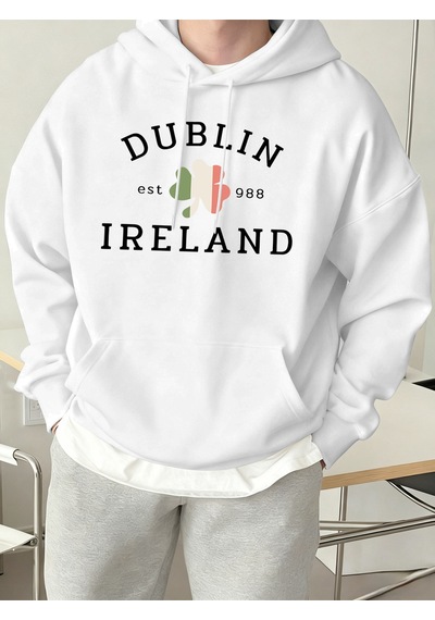 Startmore Startmoredublin İrlanda Est 988 Baskılı Günlük Polar Kapüşonlu Üstler Erkek Sokak Giyim Bol Kıyafetler Beyaz