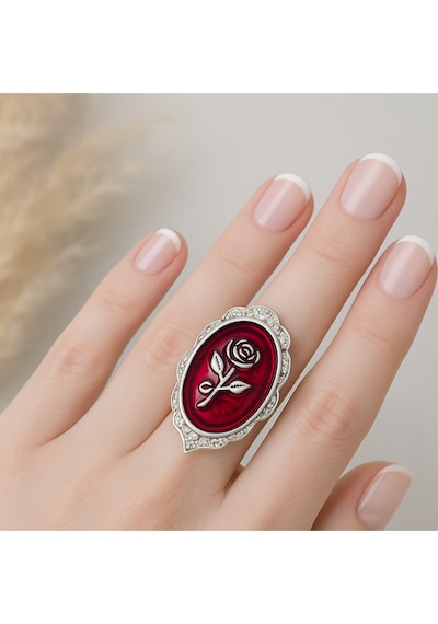 Kırmızı Kabartma Çiçek Gotik Yüzük Tutkunun, Zarafetin Ve Karanlık Güzelliğin Simgesi Gümüş - Gri