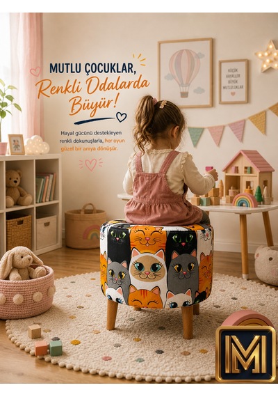 Diday Kedi Puf Trend Puf F Koltuk Puff Bench Dekoratif Bohem Doğal Gürgen Ayak Çocuk Odası Tabure Çok Renkli