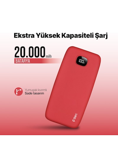 Ttec Chargeup Lcd 20.000mah Taşınabilir Hızlı Şarj Aleti 2BB213GK / Powerbank Kırmızı