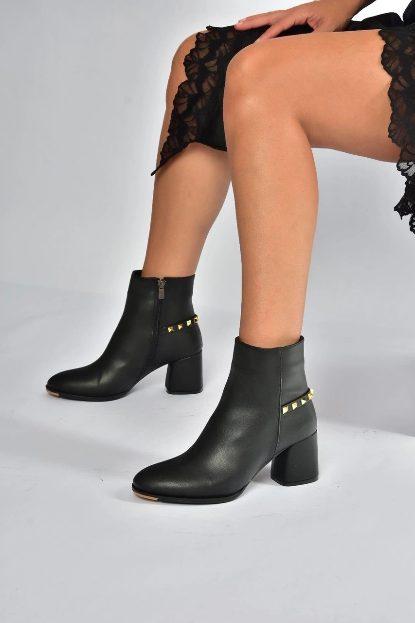 Fox Shoes V848241409 Siyah Kalın Topuklu Kadın Bot Siyah-Suni Deri
