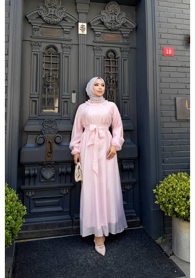 Cgx İnci İşlemeli Tül Tesettür Elbise Pembe