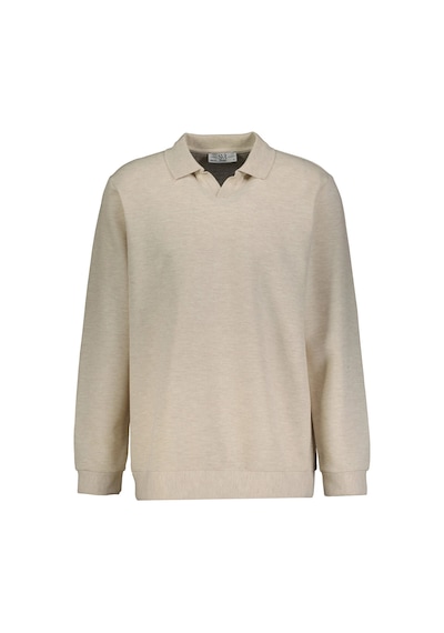 Süvari Regular Fit Polo Yaka V Patlı Düğmesiz Armürlü Sweatshirt Bej