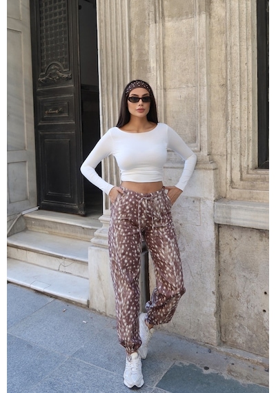Kechi Woman Kadın Gabardin Ceylan Desenli Beli Lastikli Jogger Pantolon Kw3166