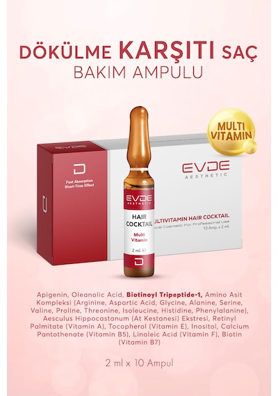Multi Vitamin Hair Cocktail Dökülme Karşıtı Saç/kaş Bakım Serumu 2ml X 10 Ampul Vitamin Kompleksi + Peptid İçerikli
